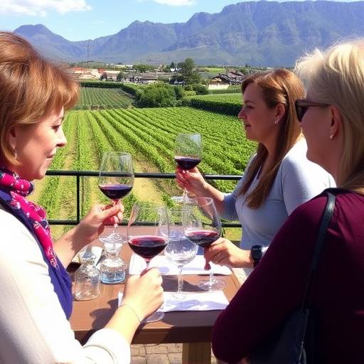 A group of tourists enjoying a wine tasting experience in Stellenbosch