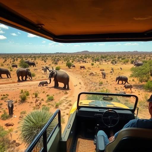 Aerial view of safari vehicle driving through the Kruger National Park, showcasing diverse wildlife