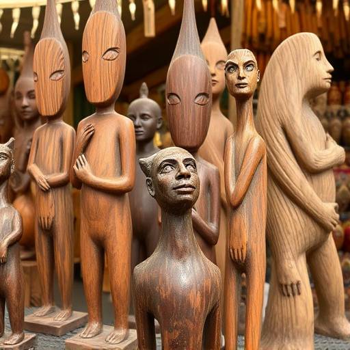 Close-up of intricately carved wooden sculptures displayed at a crafts market in Johannesburg