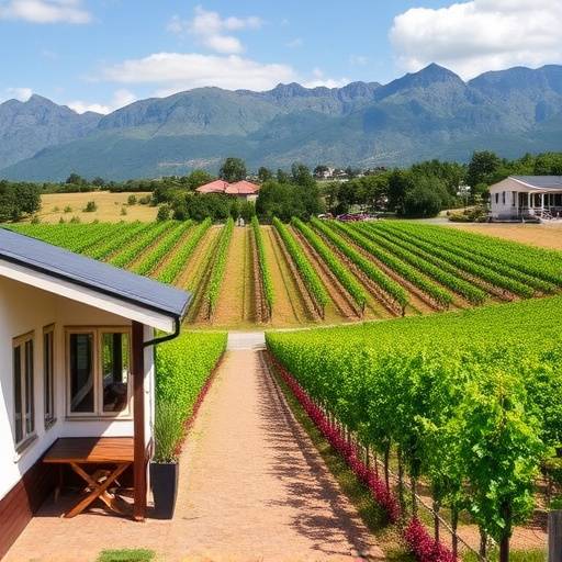 Exterior of the Stellenbosch Vineyards wine tasting room, showcasing the lush vineyards in the background