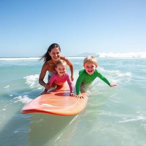 Family enjoying a surfing lesson on the beach in Muizenberg, Cape Town