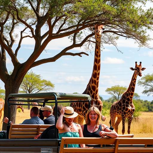 Guests observing giraffes from an open safari vehicle with Siyabonga Safaris