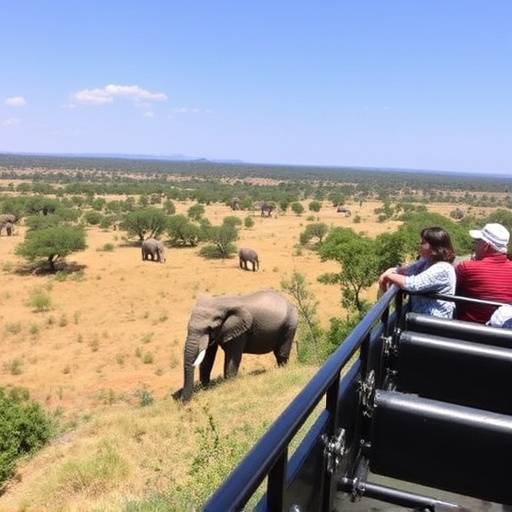 Panoramic view of a group on a guided safari tour in Kruger National Park, observing elephants in their natural habitat
