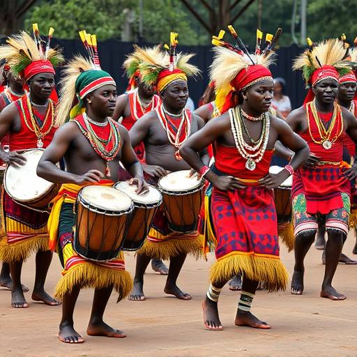 Traditional Zulu cultural performance with dancers in colorful attire and drums